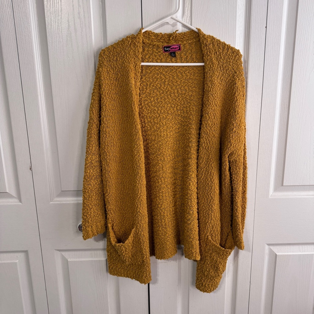 Say what? Mustard yellow popcorn knit cardigan size small